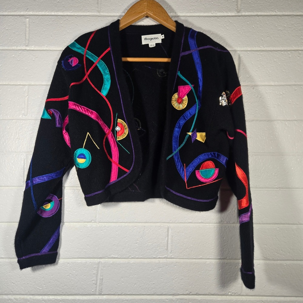 Vtg Magnolia Retro Geometric Embellished Cardigan Medium Lambswool Angora 80 90